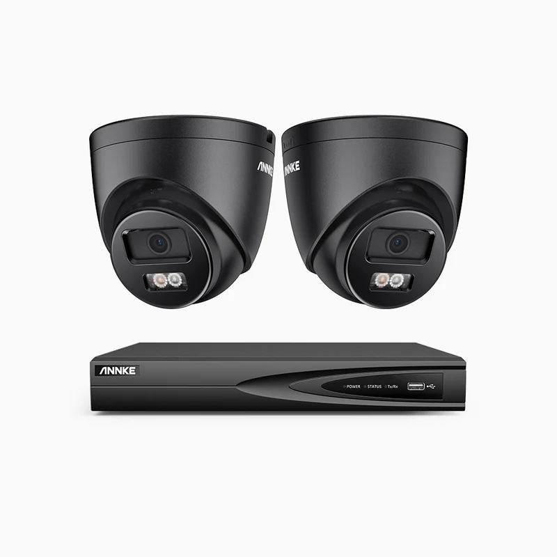 H500P - Kit de surveillance PoE 3K à 4 canaux avec 2 caméras, vision nocturne en couleur et infrarouge, 3072 × 1728 à 20 ips, Détection des personnes et des véhicules, Audio bidirectionnel, IP67