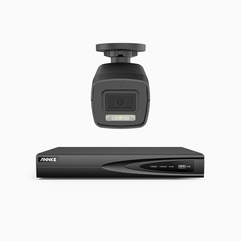 H500P - Kit de surveillance PoE 3K à 4 canaux avec 1 caméras, vision nocturne en couleur et infrarouge, 3072 × 1728 à 20 ips, Détection des personnes et des véhicules, Audio bidirectionnel, IP67