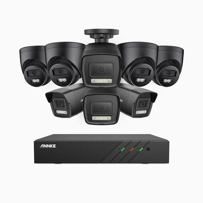 H500P - Kit de surveillance PoE 3K à 8 canaux avec 4 caméras bullet et 4 caméras tourelle, vision nocturne en couleur et infrarouge, 3072 × 1728 à 20 ips, Détection des personnes et des véhicules, Audio bidirectionnel, IP67
