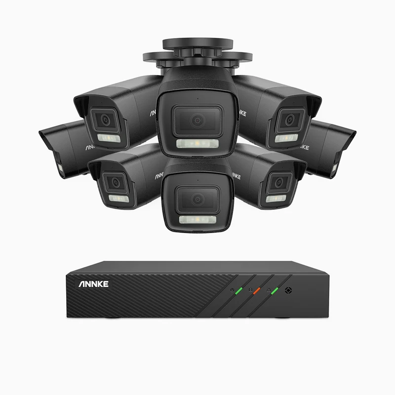 H500P - Kit de surveillance PoE 3K à 8 canaux avec 8 caméras, vision nocturne en couleur et infrarouge, 3072 × 1728 à 20 ips, Détection des personnes et des véhicules, Audio bidirectionnel, IP67