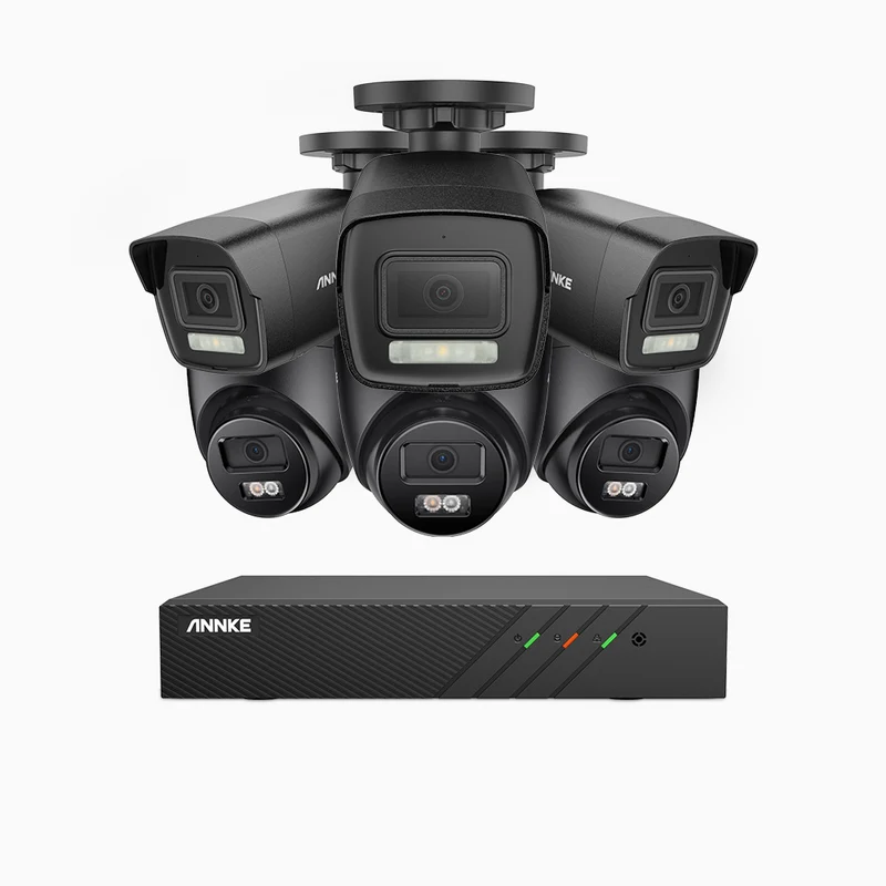 H500P - Kit de surveillance PoE 3K à 8 canaux avec 3 caméras bullet et 3 caméras tourelle, vision nocturne en couleur et infrarouge, 3072 × 1728 à 20 ips, Détection des personnes et des véhicules, Audio bidirectionnel, IP67
