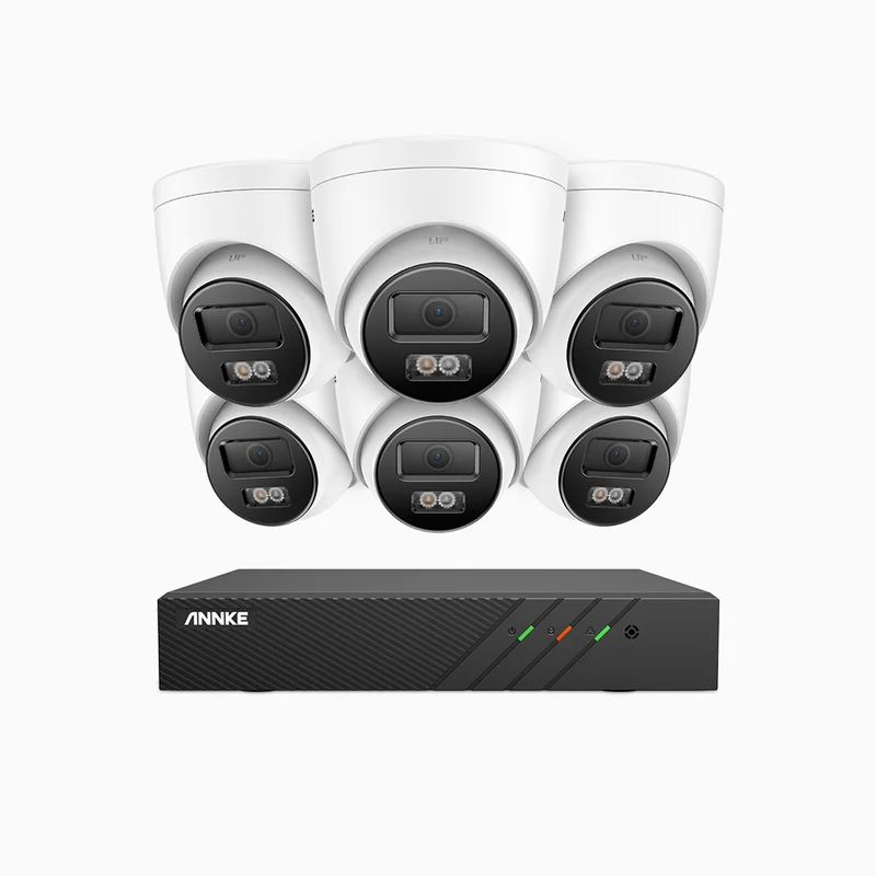 H500P - Kit de surveillance PoE 3K à 8 canaux avec 6 caméras, vision nocturne en couleur et infrarouge, 3072 × 1728 à 20 ips, Détection des personnes et des véhicules, Audio bidirectionnel, IP67