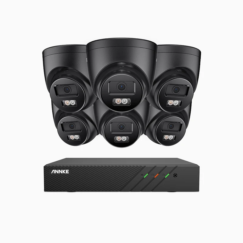 H500P - Kit de surveillance PoE 3K à 8 canaux avec 6 caméras, vision nocturne en couleur et infrarouge, 3072 × 1728 à 20 ips, Détection des personnes et des véhicules, Audio bidirectionnel, IP67