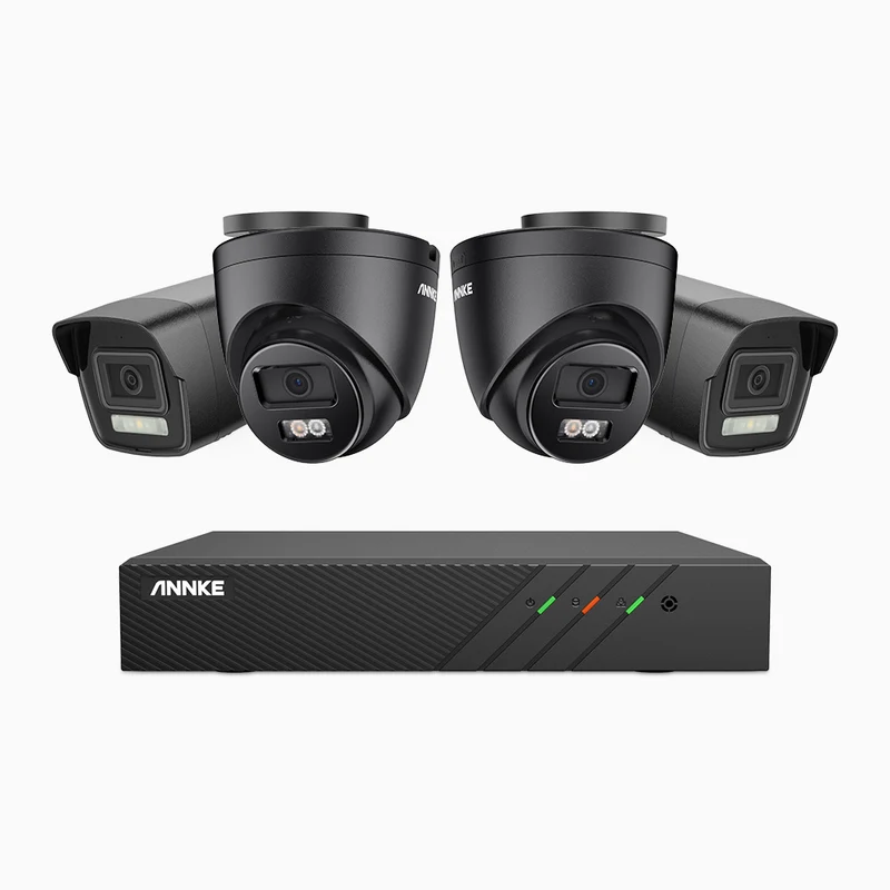 H500P - Kit de surveillance PoE 3K à 8 canaux avec 2 caméras bullet et 2 caméras tourelle, vision nocturne en couleur et infrarouge, 3072 × 1728 à 20 ips, Détection des personnes et des véhicules, Audio bidirectionnel, IP67
