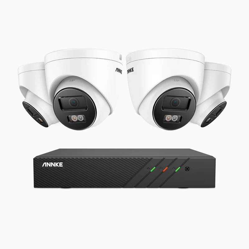 H500P - Kit de surveillance PoE 3K à 8 canaux avec 4 caméras, vision nocturne en couleur et infrarouge, 3072 × 1728 à 20 ips, Détection des personnes et des véhicules, Audio bidirectionnel, IP67
