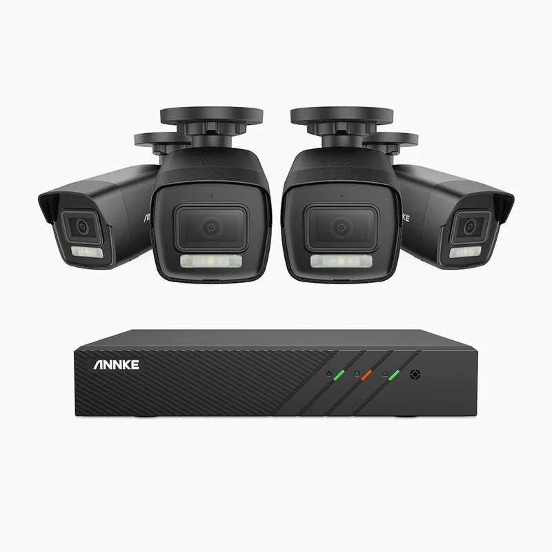 H500P - Kit de surveillance PoE 3K à 8 canaux avec 4 caméras, vision nocturne en couleur et infrarouge, 3072 × 1728 à 20 ips, Détection des personnes et des véhicules, Audio bidirectionnel, IP67