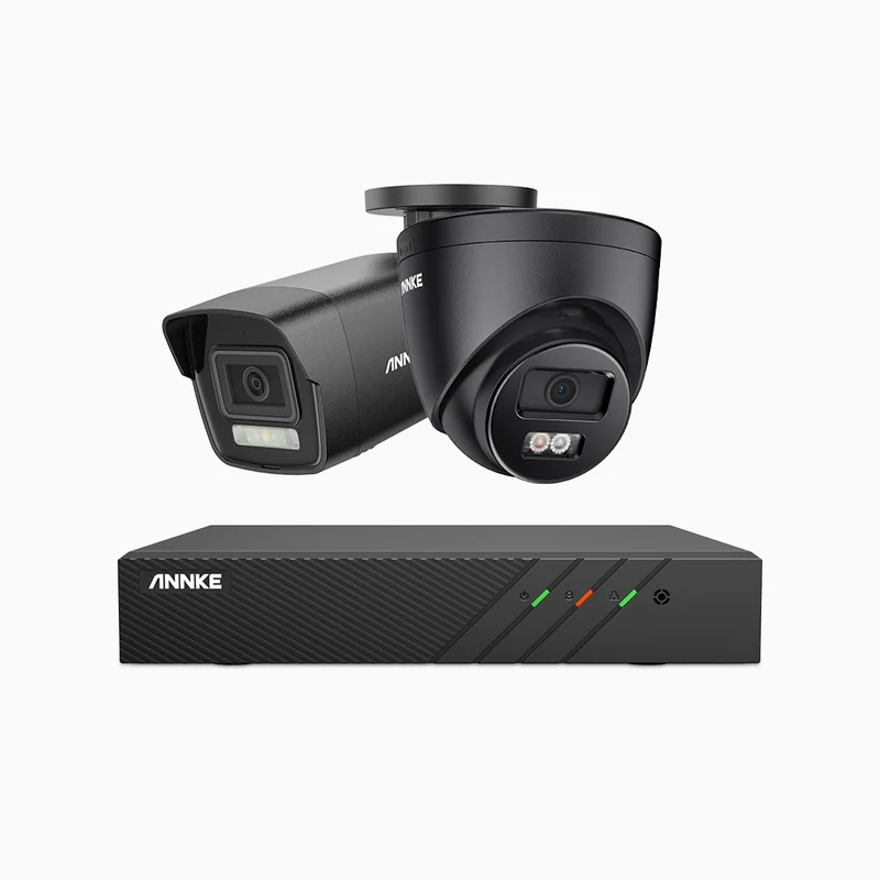 H500P - Kit de surveillance PoE 3K à 8 canaux avec 1 caméras bullet et 1 caméras tourelle, vision nocturne en couleur et infrarouge, 3072 × 1728 à 20 ips, Détection des personnes et des véhicules, Audio bidirectionnel, IP67