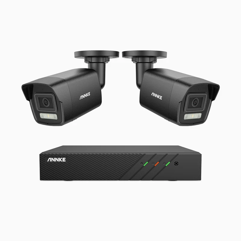 H500P - Kit de surveillance PoE 3K à 8 canaux avec 2 caméras, vision nocturne en couleur et infrarouge, 3072 × 1728 à 20 ips, Détection des personnes et des véhicules, Audio bidirectionnel, IP67