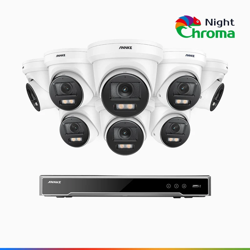 NightChroma TM NCK800 - Kit de surveillance PoE 4K à 8 canaux avec 8 caméras, Vision nocturne couleur ultime, super ouverture f/1.0 (0,0005 Lux), Détection Personne-Véhicule, Analyse comportementale intelligente, Microphone intégré