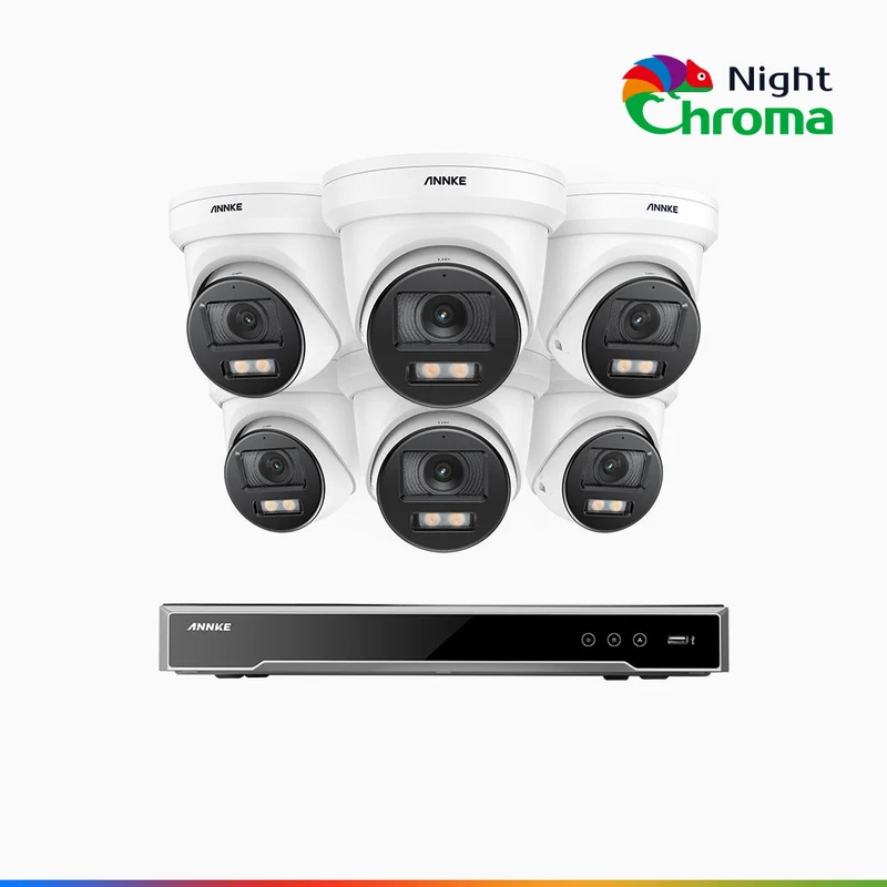 NightChroma TM NCK800 - Kit de surveillance PoE 4K à 8 canaux avec 6 caméras, Vision nocturne couleur ultime, super ouverture f/1.0 (0,0005 Lux), Détection Personne-Véhicule, Analyse comportementale intelligente, Microphone intégré