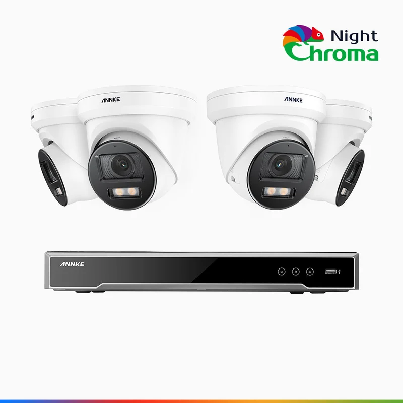 NightChroma TM NCK800 - Kit de surveillance PoE 4K à 8 canaux avec 4 caméras, Vision nocturne couleur ultime, super ouverture f/1.0 (0,0005 Lux), Détection Personne-Véhicule, Analyse comportementale intelligente, Microphone intégré