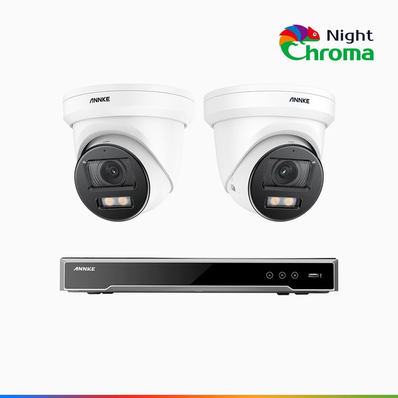 NightChroma TM NCK800 - Kit de surveillance PoE 4K à 8 canaux avec 2 caméras, Vision nocturne couleur ultime, super ouverture f/1.0 (0,0005 Lux), Détection Personne-Véhicule, Analyse comportementale intelligente, Microphone intégré