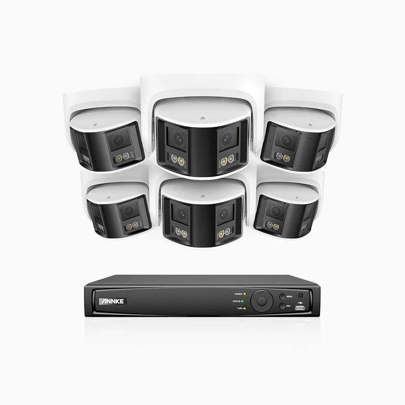 FDH600 - Kit de surveillance PoE 6MP à 8 canaux avec 6 caméras, double objectif, ultra grand angle 180°, super ouverture f/1.2, micro intégré, sirène et alarme actives, Détection Intelligente de Mouvement