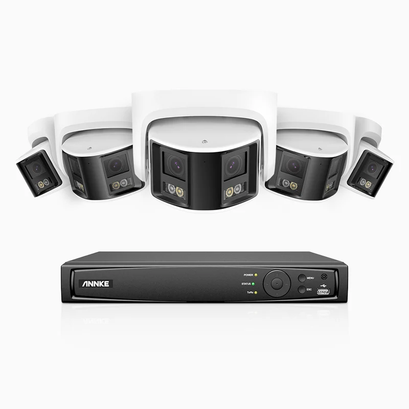 FDH600 - Kit de surveillance PoE 6MP à 8 canaux avec 5 caméras, double objectif, ultra grand angle 180°, super ouverture f/1.2, micro intégré, sirène et alarme actives, Détection Intelligente de Mouvement