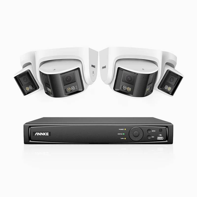 FDH600 - Kit de surveillance PoE 6MP à 8 canaux avec 4 caméras, double objectif, ultra grand angle 180°, super ouverture f/1.2, micro intégré, sirène et alarme actives, Détection Intelligente de Mouvement
