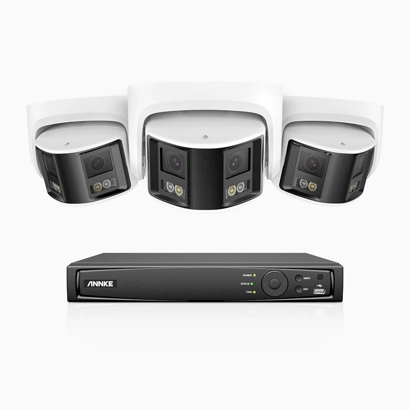 FDH600 - Kit de surveillance PoE 6MP à 8 canaux avec 3 caméras, double objectif, ultra grand angle 180°, super ouverture f/1.2, micro intégré, sirène et alarme actives, Détection Intelligente de Mouvement