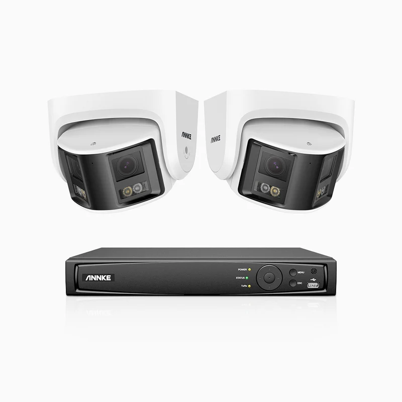 FDH600 - Kit de surveillance PoE 6MP à 8 canaux avec 2 caméras, double objectif, ultra grand angle 180°, super ouverture f/1.2, micro intégré, sirène et alarme actives, Détection Intelligente de Mouvement