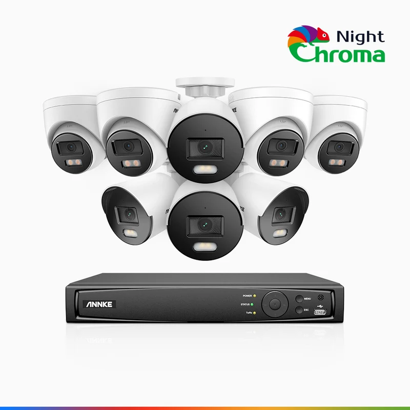 NightChroma TM NCK500 - Kit de surveillance PoE 3K à 8 canaux avec 4 caméras bullet et 4 caméras tourelle, vision nocturne polychrome, f/1.0 Super ouverture (0,001 Lux), Alignement actif, Microphone intégré, Fente pour carte SD