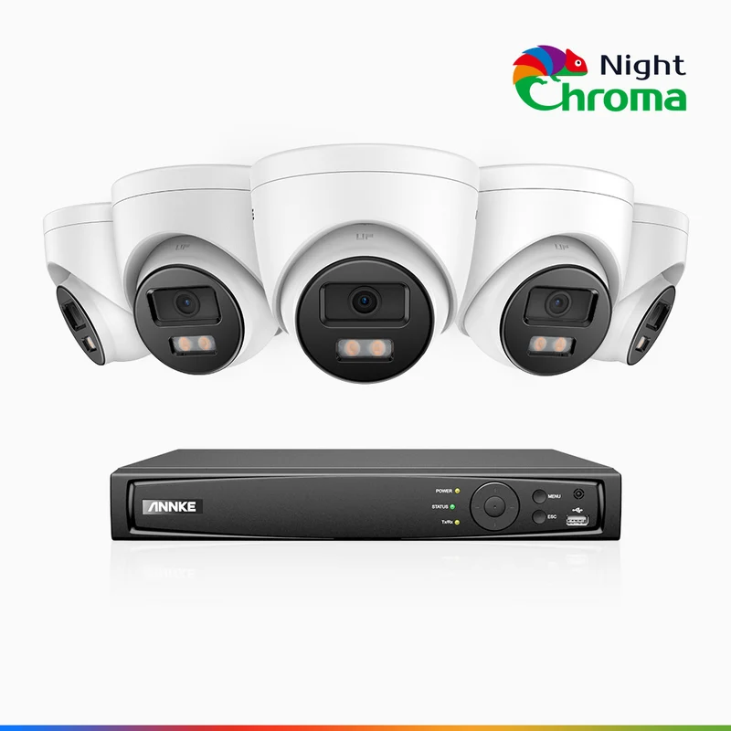 NightChroma TM NCK500 - Kit de surveillance PoE 3K à 8 canaux avec 5 caméras, vision nocturne polychrome, f/1.0 Super ouverture (0,001 Lux), Alignement actif, Microphone intégré, Fente pour carte SD