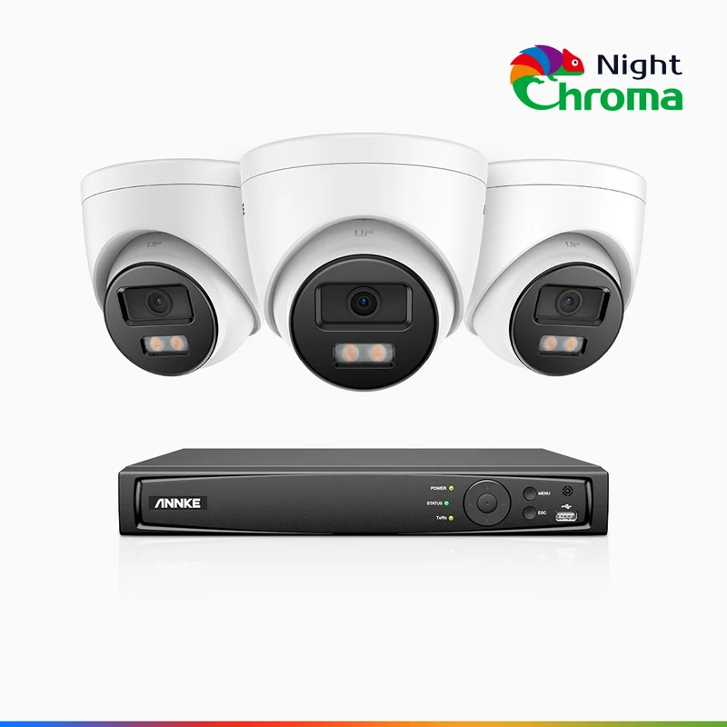 NightChroma TM NCK500 - Kit de surveillance PoE 3K à 8 canaux avec 3 caméras, vision nocturne polychrome, f/1.0 Super ouverture (0,001 Lux), Alignement actif, Microphone intégré, Fente pour carte SD