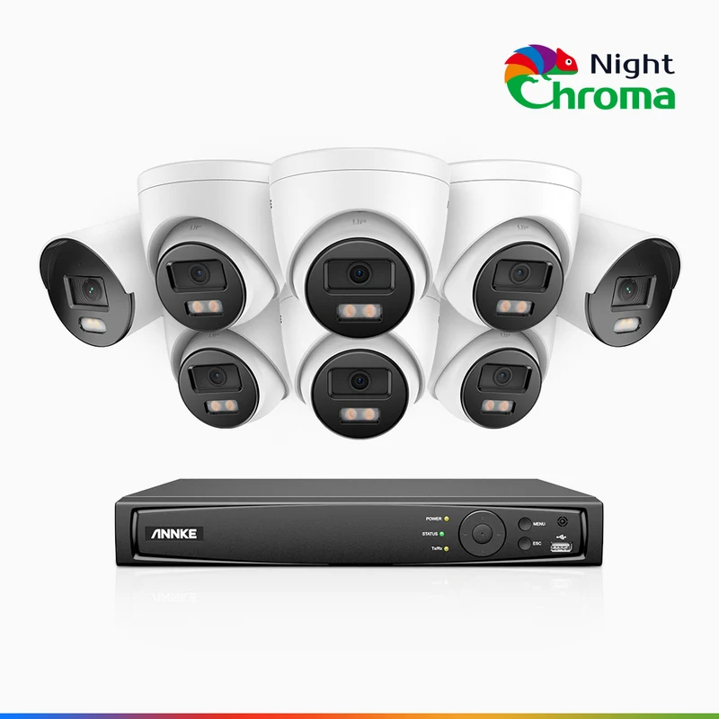 NightChroma TM NCK500 - Kit de surveillance PoE 3K à 16 canaux avec 2 caméras bullet et 6 caméras, tourellevision nocturne polychrome, f/1.0 Super ouverture (0,001 Lux), Alignement actif, Microphone intégré, Fente pour carte SD