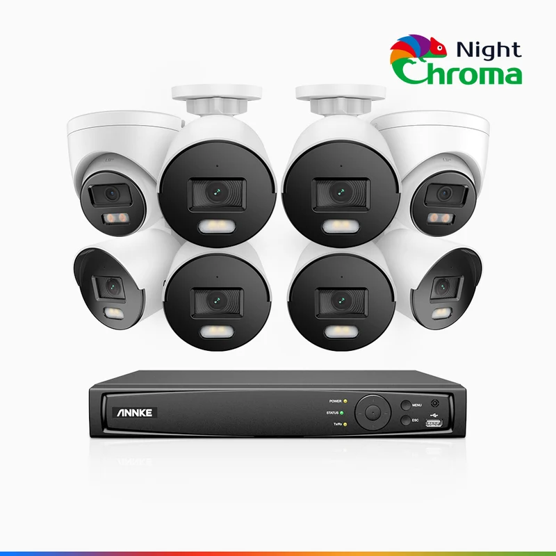 NightChroma TM NCK500 - Kit de surveillance PoE 3K à 16 canaux avec 6 caméras bullet et 2 caméras tourelle, vision nocturne polychrome, f/1.0 Super ouverture (0,001 Lux), Alignement actif, Microphone intégré, Fente pour carte SD