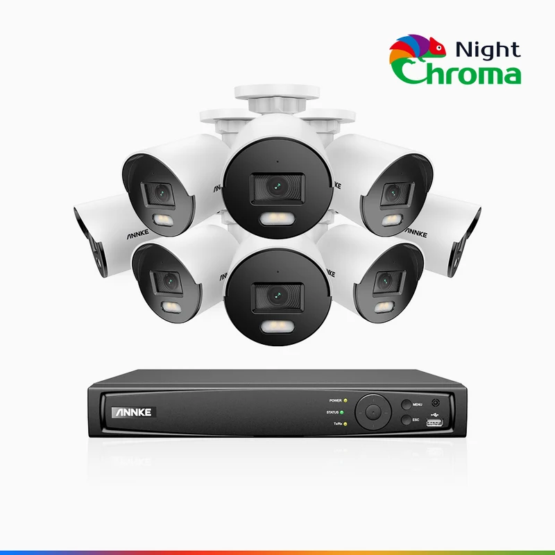 NightChroma TM NCK500 - Kit de surveillance PoE 3K à 16 canaux avec 8 caméras, vision nocturne polychrome, f/1.0 Super ouverture (0,001 Lux), Alignement actif, Microphone intégré, Fente pour carte SD