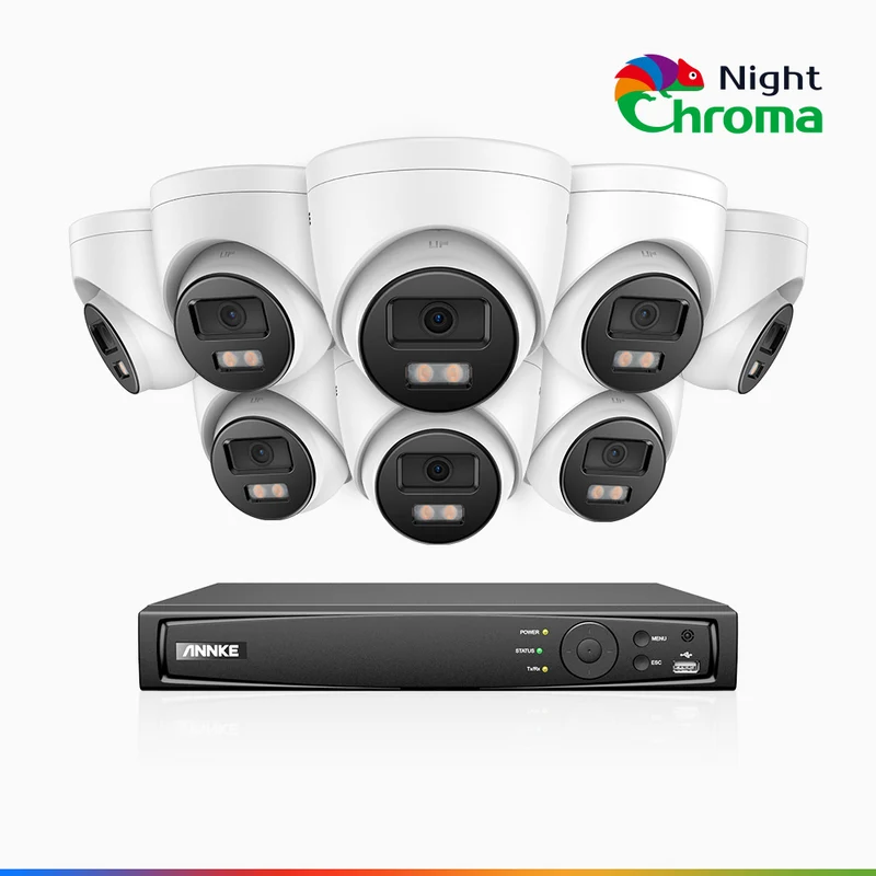 NightChroma TM NCK500 - Kit de surveillance PoE 3K à 16 canaux avec 8 caméras, vision nocturne polychrome, f/1.0 Super ouverture (0,001 Lux), Alignement actif, Microphone intégré, Fente pour carte SD