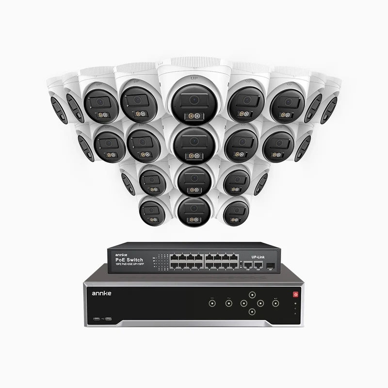 H500 - Kit de surveillance PoE 5MP à 32 canaux avec 24 caméras, Vision nocturne intelligente à double éclairage, 3072 × 1728 à 20 ips, détection intelligente des personnes et des véhicules, microphone intégré, IP67
