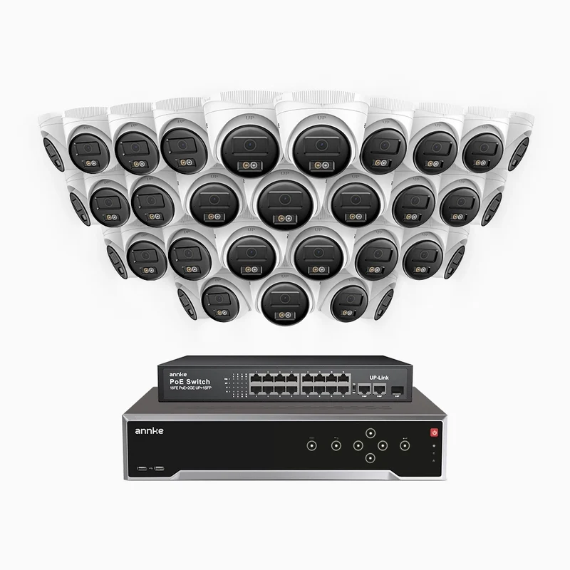 H500 - Kit de surveillance PoE 5MP à 32 canaux avec 32 caméras, Vision nocturne intelligente à double éclairage, 3072 × 1728 à 20 ips, détection intelligente des personnes et des véhicules, microphone intégré, IP67