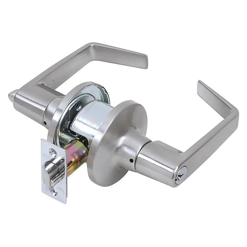 Poignée de porte avec serrure à clé et à levier pour usage commercial léger, chrome satiné