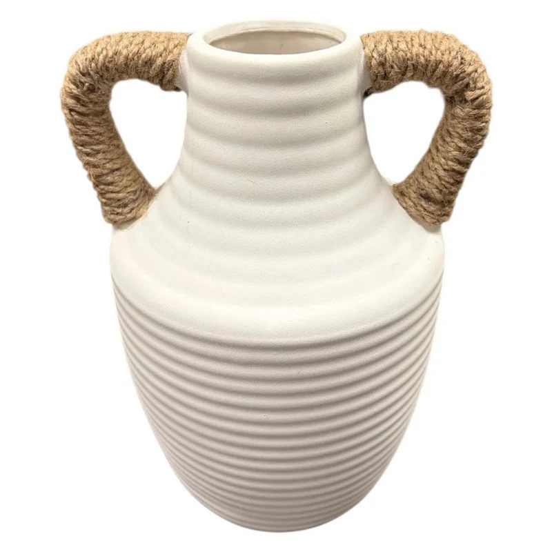 Vase en céramique avec cordage sur les poignées, 9" x 7"