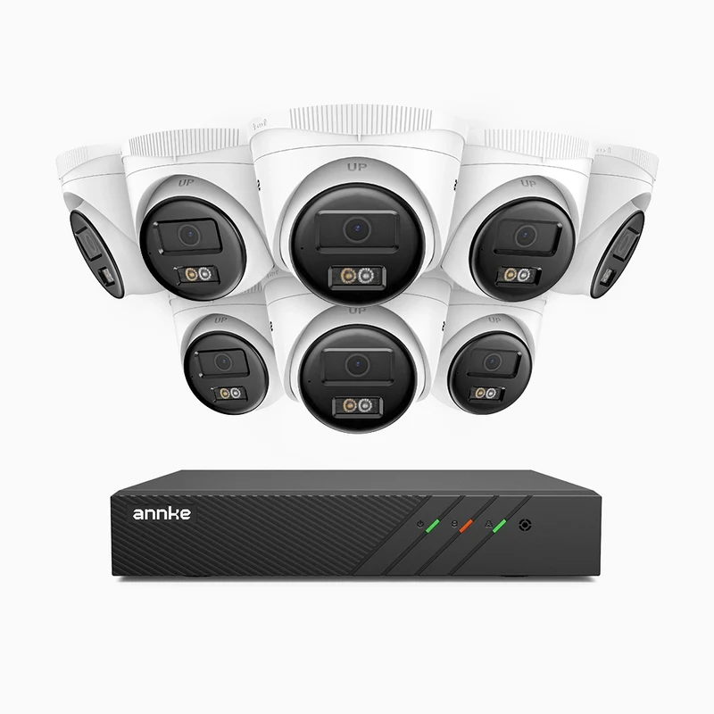 H500 - Kit de surveillance PoE 5MP à 8 canaux avec 8 caméras, Vision nocturne intelligente à double éclairage, 3072 × 1728 à 20 ips, détection intelligente des personnes et des véhicules, microphone intégré, IP67