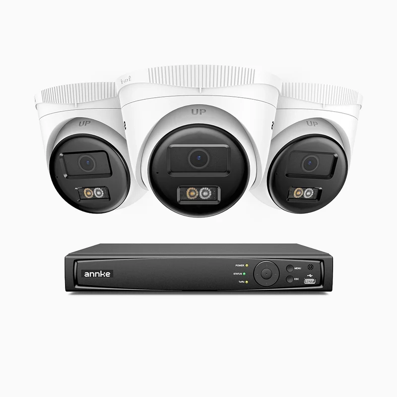 H500 - Kit de surveillance PoE 5MP à 4 canaux avec 3 caméras, Vision nocturne intelligente à double éclairage, 3072 × 1728 à 20 ips, détection intelligente des personnes et des véhicules, microphone intégré, IP67