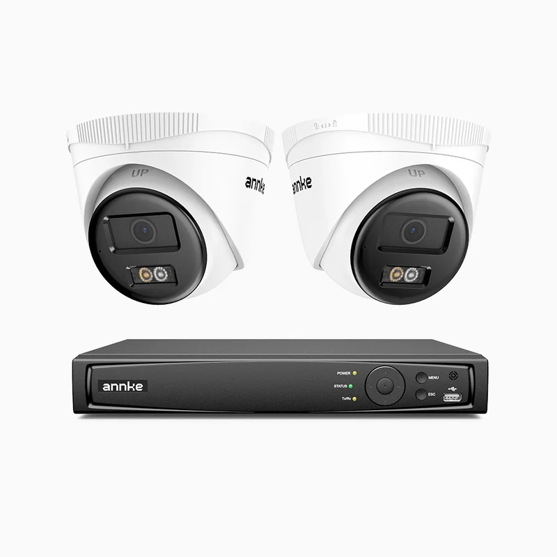 H500 - Kit de surveillance PoE 5MP à 4 canaux avec 2 caméras, Vision nocturne intelligente à double éclairage, 3072 × 1728 à 20 ips, détection intelligente des personnes et des véhicules, microphone intégré, IP67