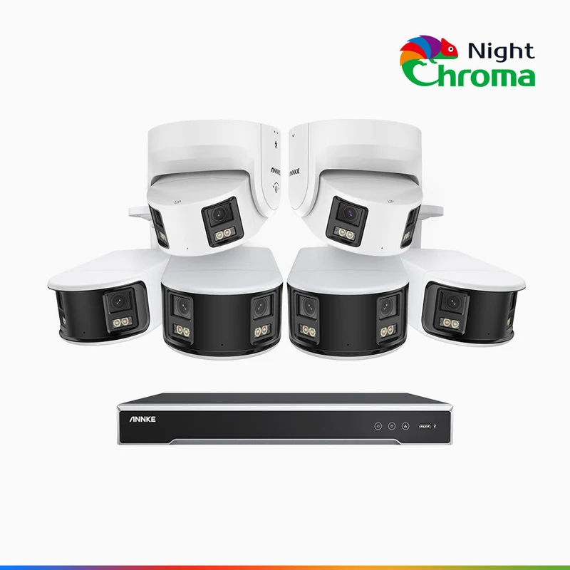 NightChroma TM NDK800 – Kit de surveillance PoE Dual Lens 4K à 16 canaux avec 4 caméras bullet et 2 caméras tourelle, f/1.0 Super Aperture, Acme Color Night Vision, Active Siren and Strobe, Human & Vehicle Detection, Built-in Micphone
