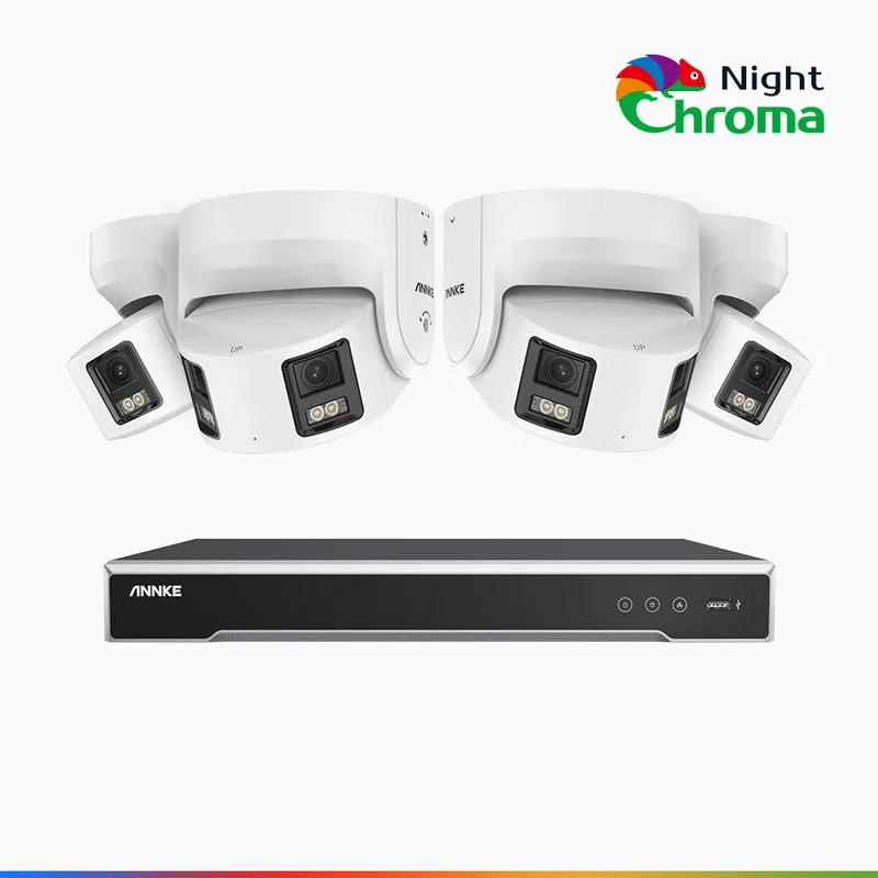 NightChroma TM NDK800 – Kit de surveillance PoE Dual Lens 4K à 8 canaux avec 4 caméras, f/1.0 Super Aperture, Acme Color Night Vision, Active Siren and Strobe, Human & Vehicle Detection, Intelligent Behavior Analysis, Built-in Micphone