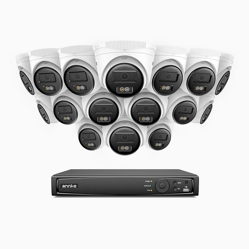 H500 - Kit de surveillance PoE 5MP à 16 canaux avec 16 caméras, Vision nocturne intelligente à double éclairage, 3072 × 1728 à 20 ips, détection intelligente des personnes et des véhicules, microphone intégré, IP67