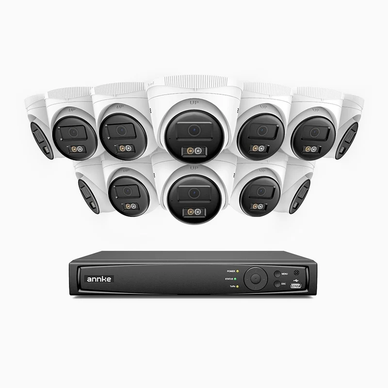 H500 - Kit de surveillance PoE 5MP à 16 canaux avec 12 caméras, Vision nocturne intelligente à double éclairage, 3072 × 1728 à 20 ips, détection intelligente des personnes et des véhicules, microphone intégré, IP67