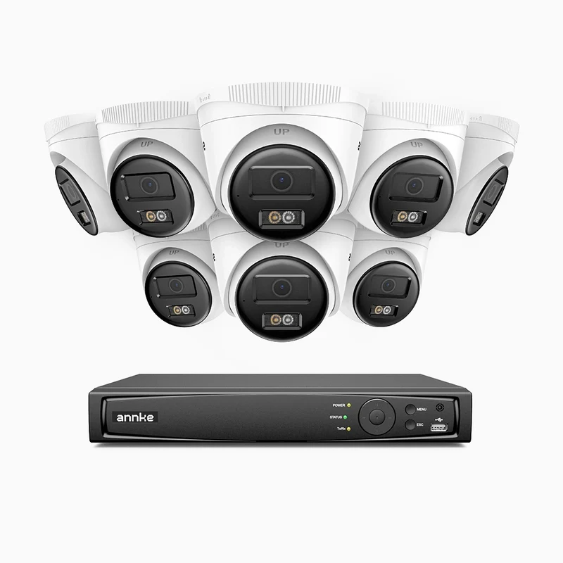 H500 - Kit de surveillance PoE 5MP à 16 canaux avec 8 caméras, Vision nocturne intelligente à double éclairage, 3072 × 1728 à 20 ips, détection intelligente des personnes et des véhicules, microphone intégré, IP67