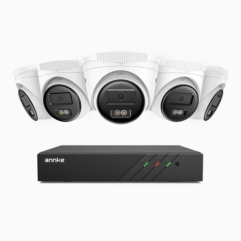 H500 - Kit de surveillance PoE 5MP à 8 canaux avec 5 caméras, Vision nocturne intelligente à double éclairage, 3072 × 1728 à 20 ips, détection intelligente des personnes et des véhicules, microphone intégré, IP67