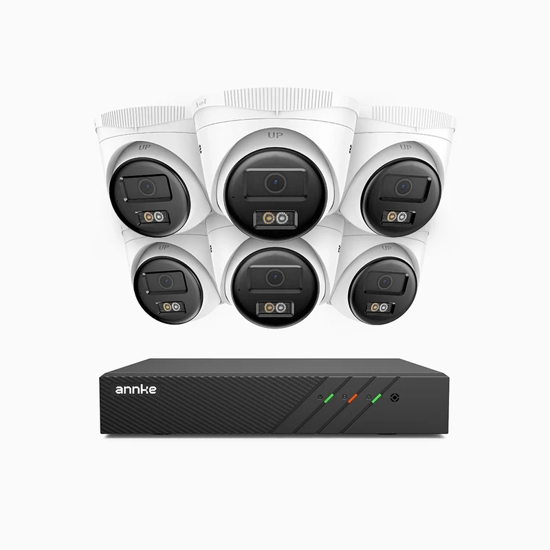 H500 - Kit de surveillance PoE 5MP à 8 canaux avec 6 caméras, Vision nocturne intelligente à double éclairage, 3072 × 1728 à 20 ips, détection intelligente des personnes et des véhicules, microphone intégré, IP67