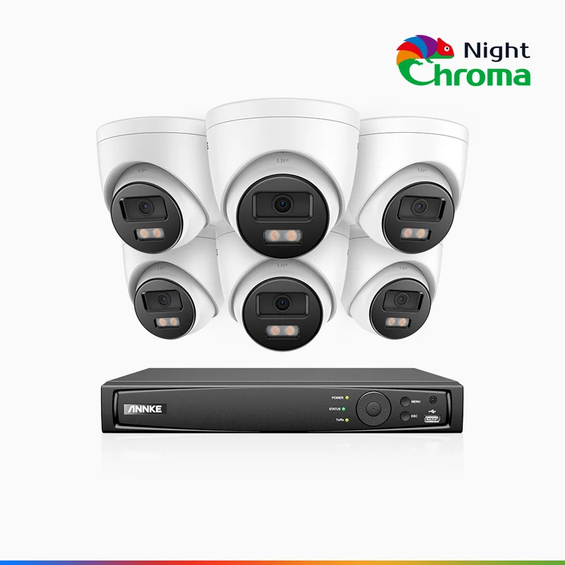 NightChroma TM NCK500 - Kit de surveillance PoE 3K à 8 canaux avec 6 caméras, vision nocturne polychrome, f/1.0 Super ouverture (0,001 Lux), Alignement actif, Microphone intégré, Fente pour carte SD