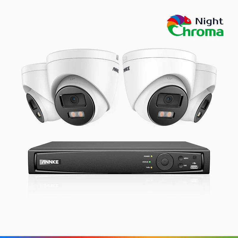 NightChroma TM NCK500 - Kit de surveillance PoE 3K à 8 canaux avec 4 caméras, vision nocturne polychrome, f/1.0 Super ouverture (0,001 Lux), Alignement actif, Microphone intégré, Fente pour carte SD