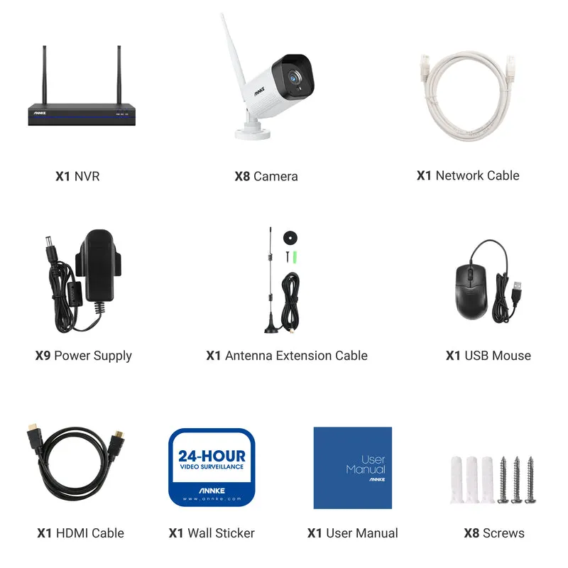 WS300 - Kit vidéo surveillance sans fil 2K à 8 canaux avec 8 caméras, Portée Wi-Fi de 300 m, Microphone intégré, Reconnaissance humaine, Fonctionne avec Alexa