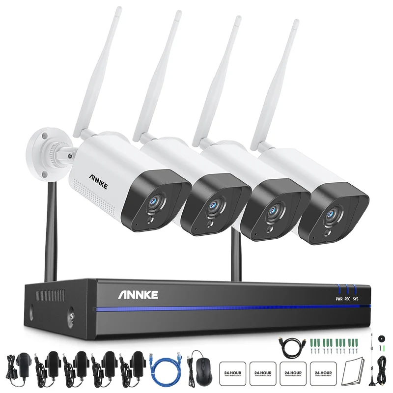 WS300 - Kit vidéo surveillance sans fil 2K à 8 canaux avec 4 caméras, Portée Wi-Fi de 300 m, Microphone intégré, Reconnaissance humaine, Fonctionne avec Alexa