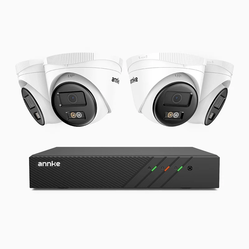 H500 - Kit de surveillance PoE 5MP à 8 canaux avec 4 caméras, Vision nocturne intelligente à double éclairage, 3072 × 1728 à 20 ips, détection intelligente des personnes et des véhicules, microphone intégré, IP67
