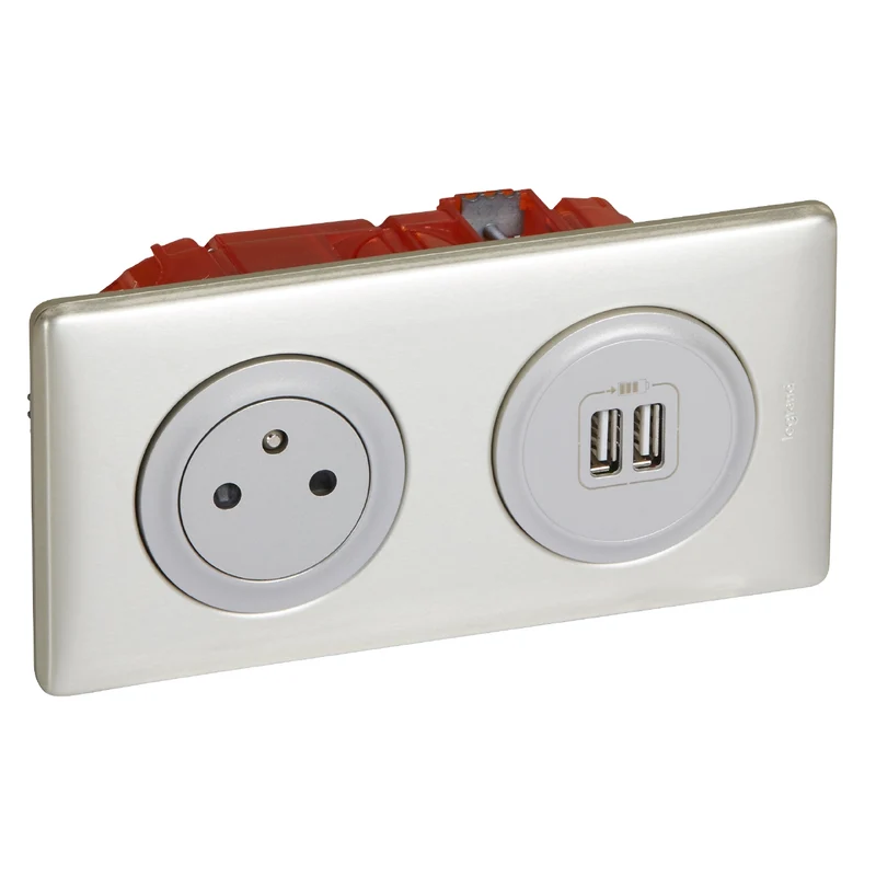 Prise affleurante 2P+T 16A + 2xUSB + boîte encastrement - titanium - Legrand