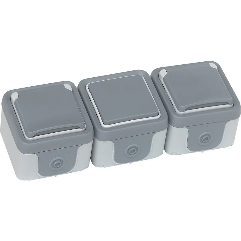 Lot interrupteur va et vient 10A + 2 prises IP55 saillie 2P+T 16A - Plexo - gris - Legrand