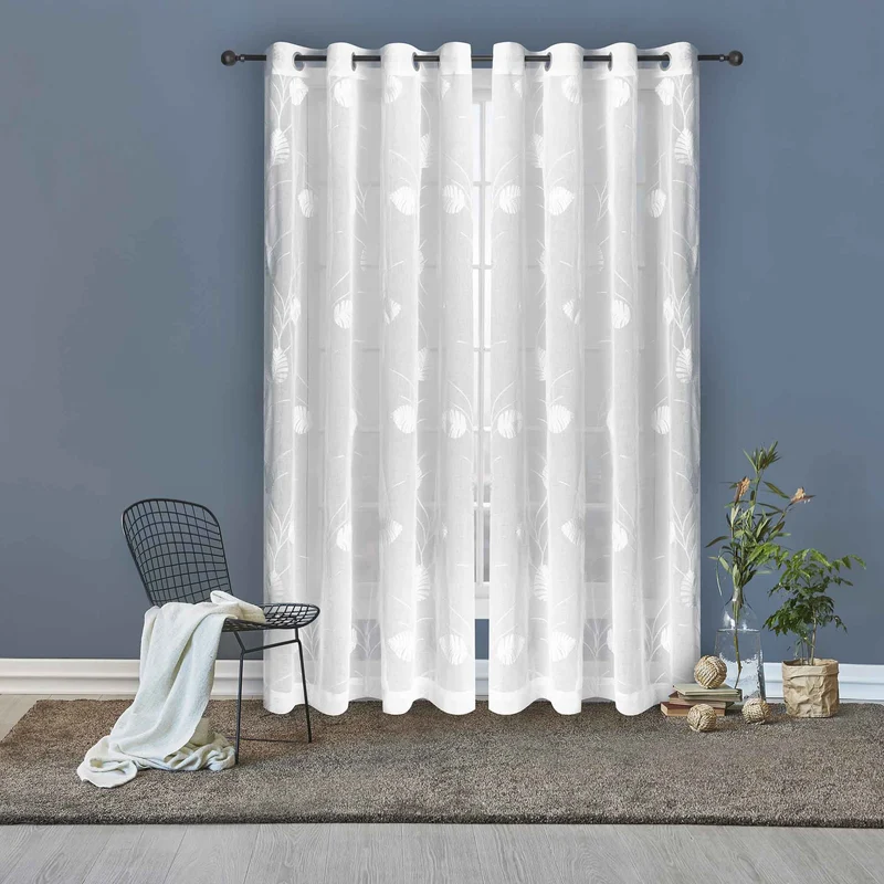 Rideau Dolly brodé de feuilles de palmier, blanc